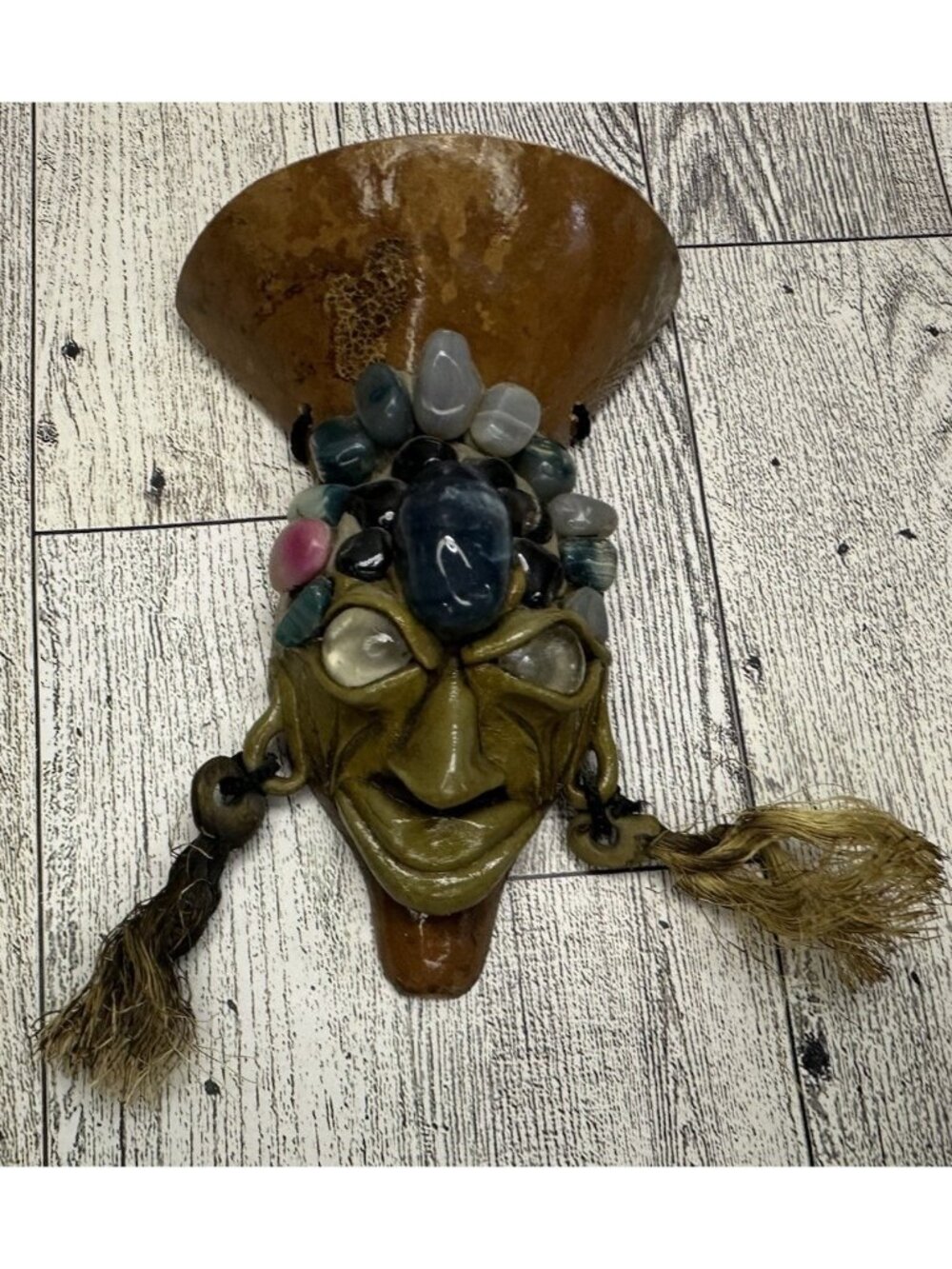 Wood Mask Pottery Clay Face & Adorned w/Crown of Polished stones Wall Hanging 5"